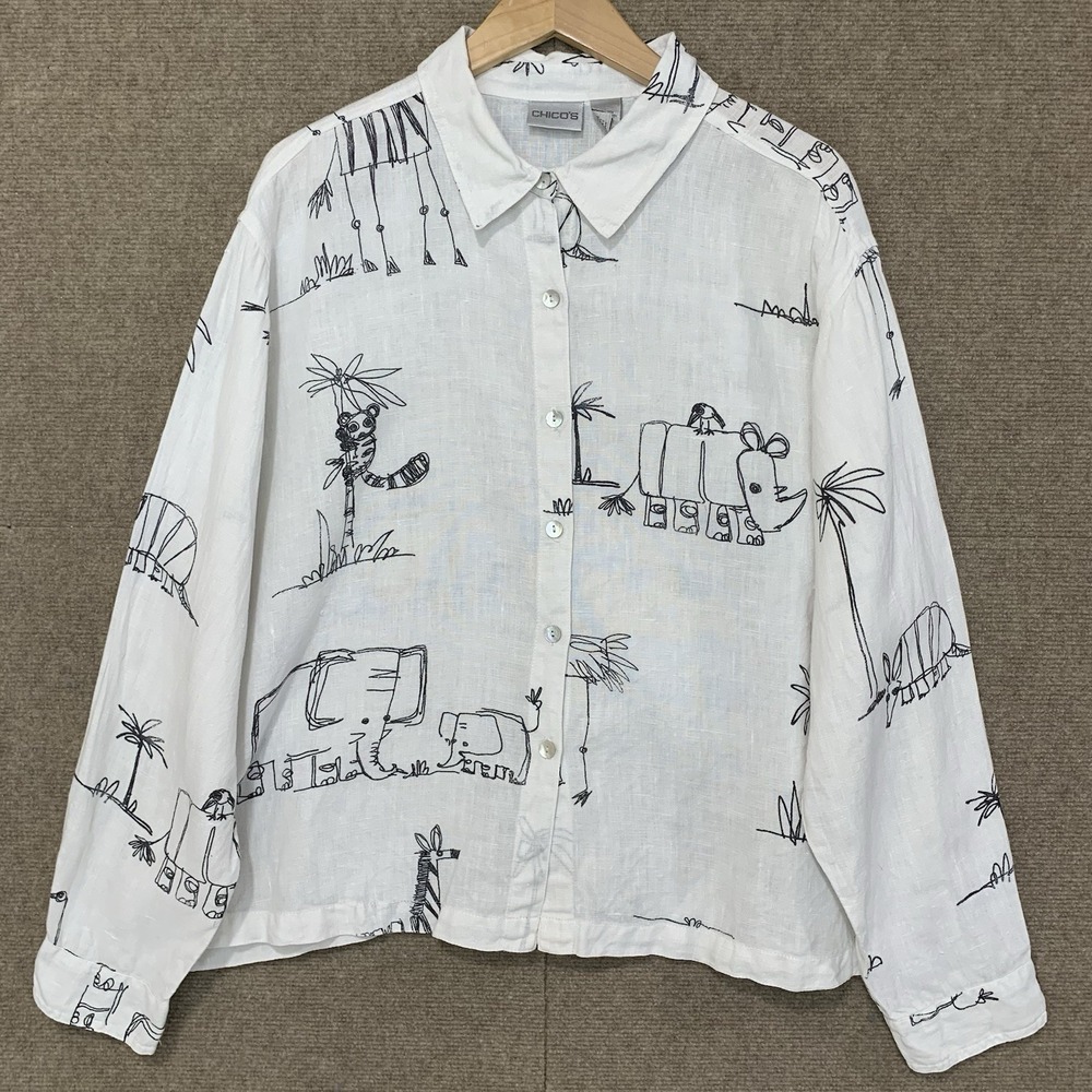 Chicos Animal Sketch Print Linen Button Down Shirt Sz 3 Artsy Blouse Lagenlook